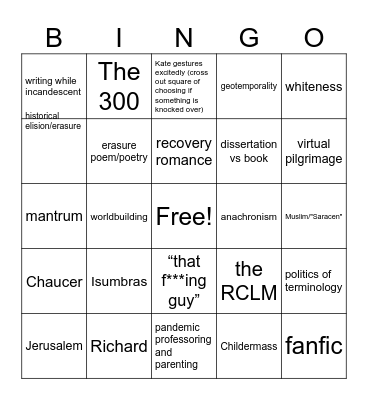 Kate's Book Launch Bingo Card
