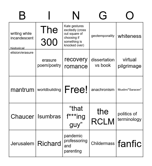 Kate's Book Launch Bingo Card