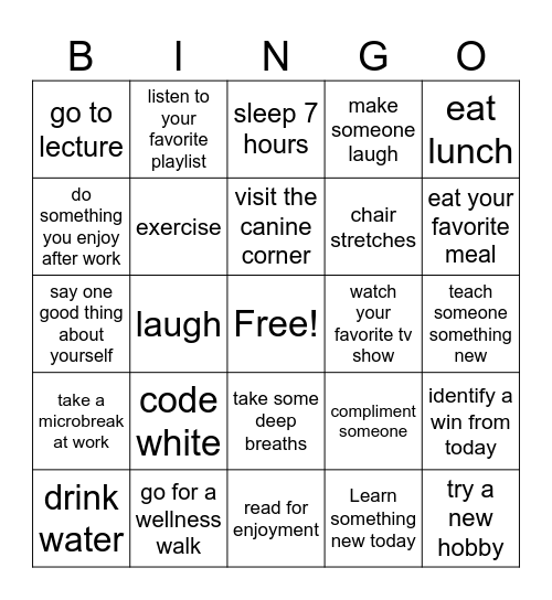 self-care bingo Card