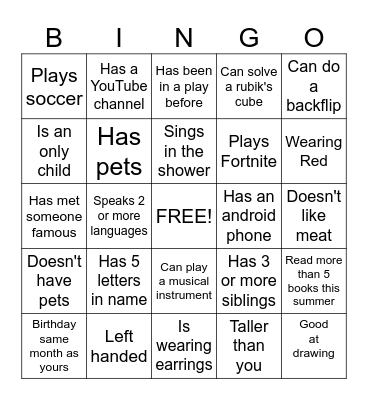 Get to know each other Bingo Card