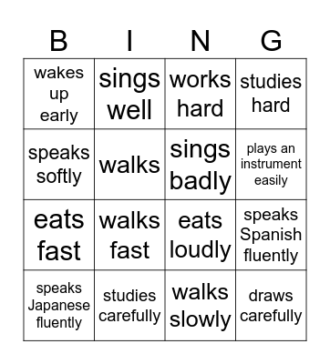 Adverbs Bingo Card