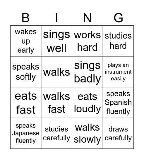 Adverbs Bingo Card