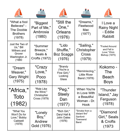 MUSIC BINGO - BEST OF "YACHT ROCK" Bingo Card