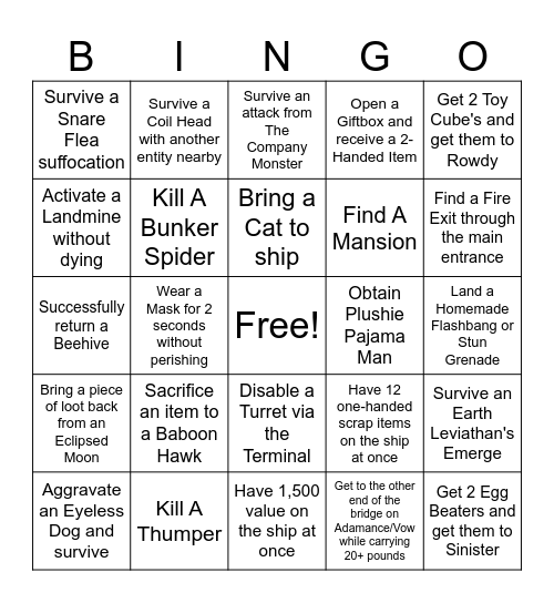 Modded Lethal Company Bingo Card