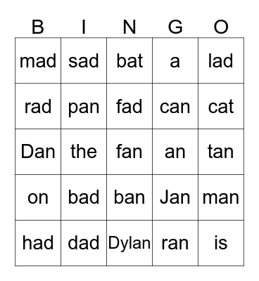 -ad, -an, and -at family Bingo Card