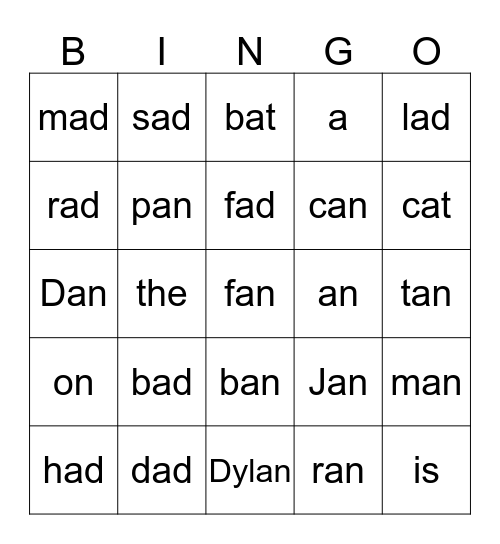 -ad, -an, and -at family Bingo Card