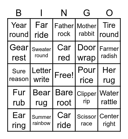 R Words Bingo Card