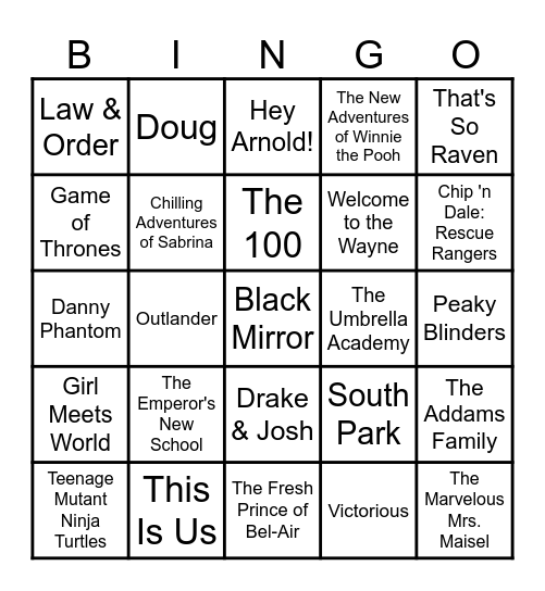 Theme Song Bingo Card