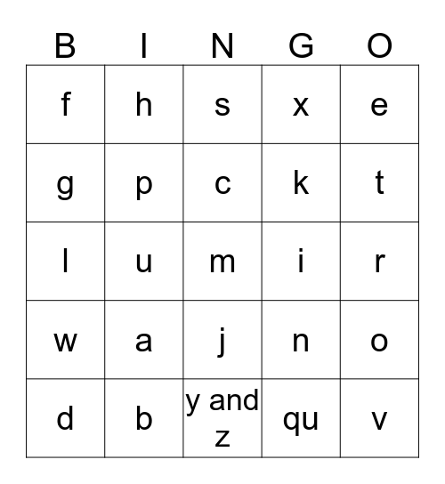 Lowercase Alphabet Bingo Card