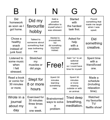 Mental Health Bingo Card