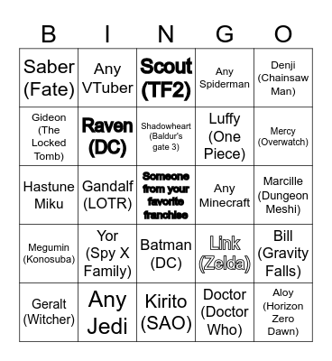 Cosplay Bingo Card