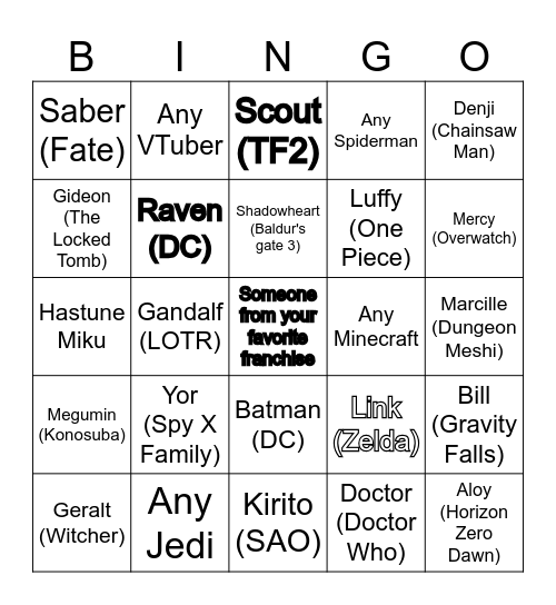 Cosplay Bingo Card