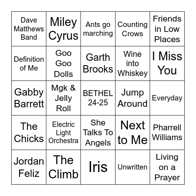Bethel's Favorite Hits Bingo Card