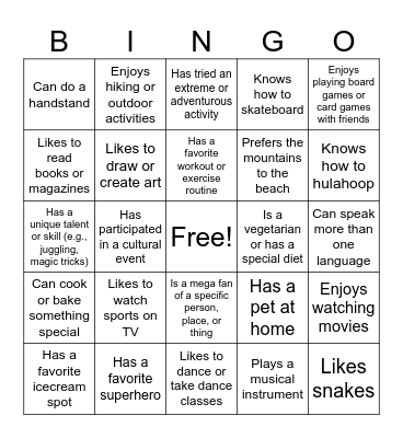 Yr One PE Icebreaker Bingo Card