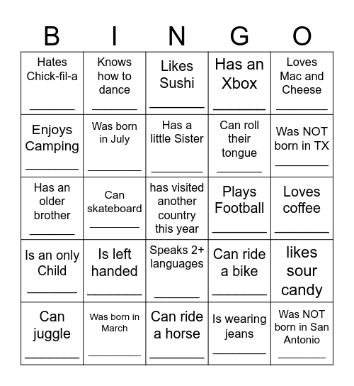 YOUTH HUMAN BINGO Card