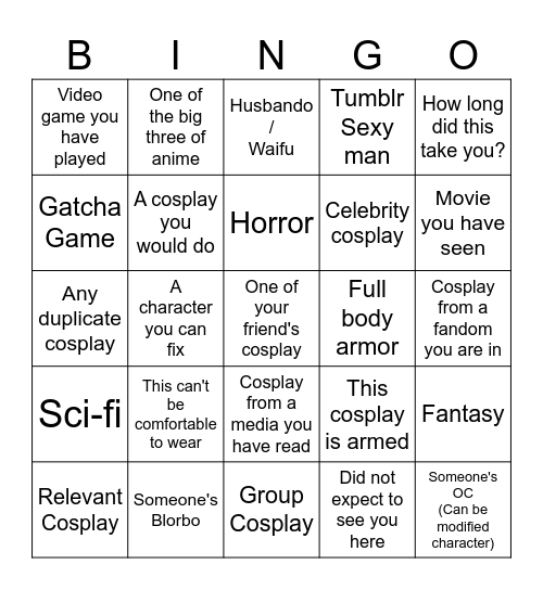 Cosplay Bingo 2.0 Bingo Card