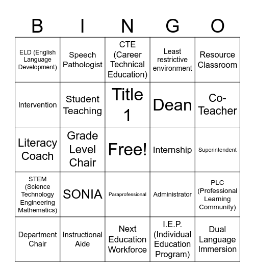 Ed Lingo Bingo Card