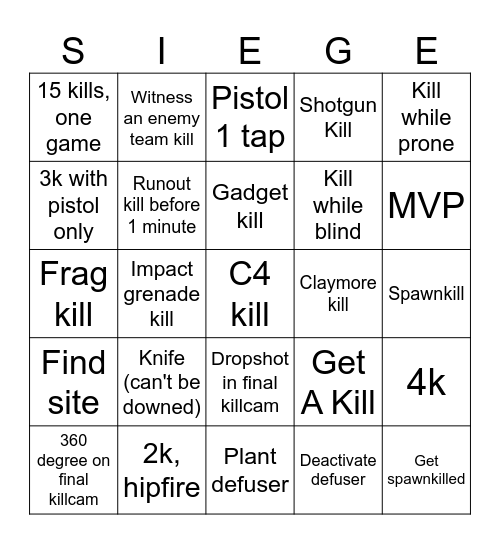 Siege Bingo Card