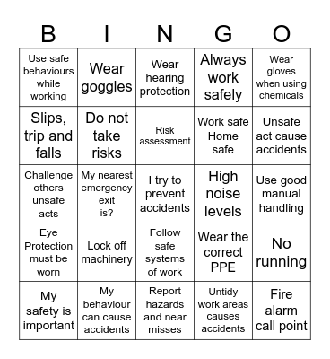 Health and Safety Bingo Card