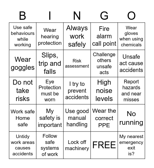 Health and Safety Bingo Card