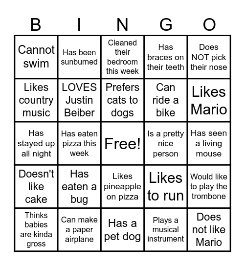 Classroom Bingo Card