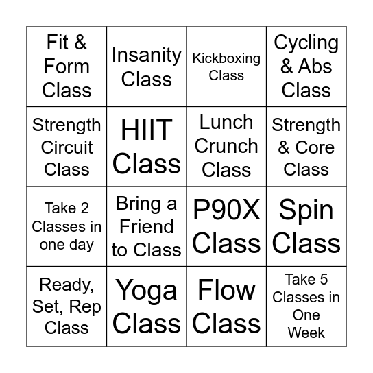 Feel Fit Classes Blackout Bingo Card