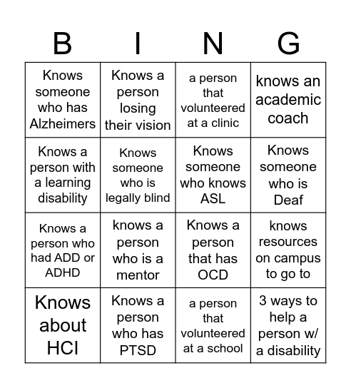 dis-ABILITY Awareness Week Bingo Card