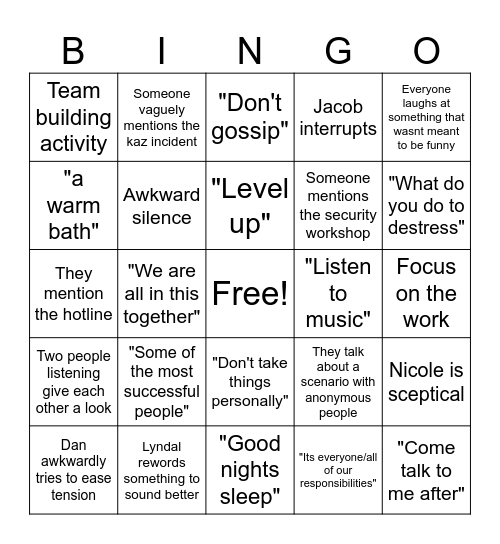 Stress Workshop Bingo Card
