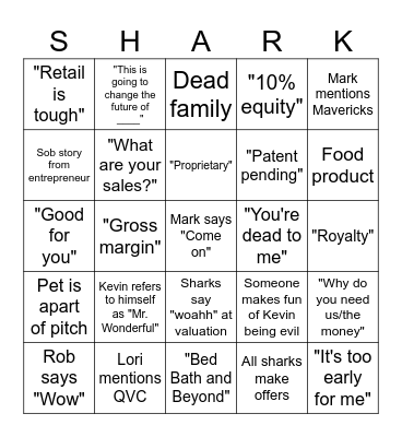 Shark Tank Bingo Card