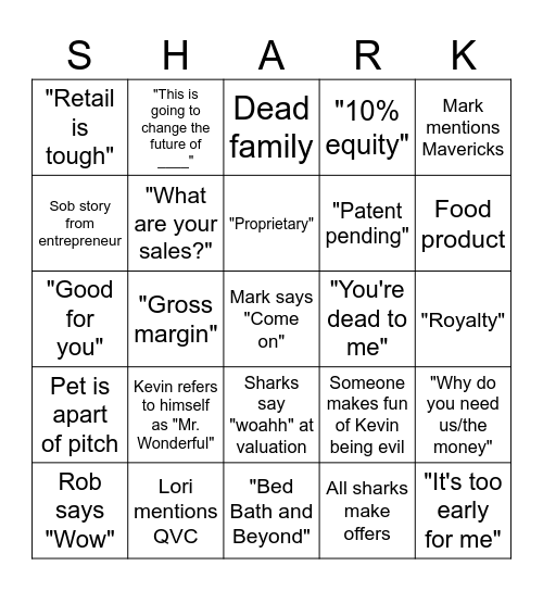 Shark Tank Bingo Card