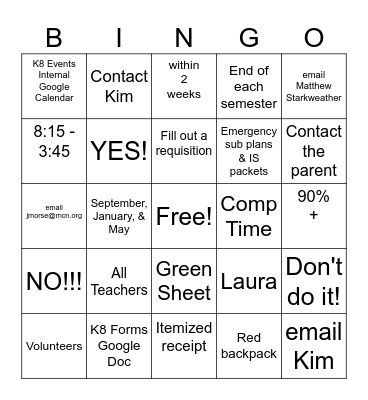 Staff Handbook Bingo Card