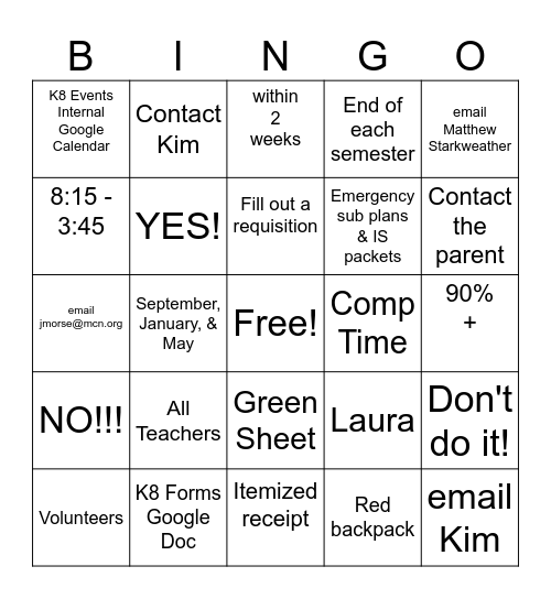 Staff Handbook Bingo Card