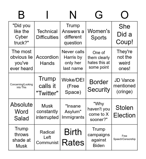 Elon/Trump Interview Bingo Card