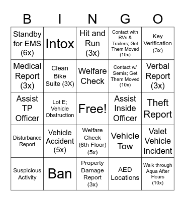 Mobile Patrol Bingo Card