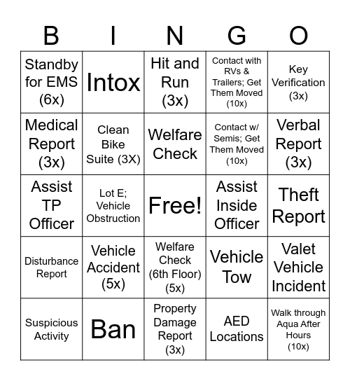 Mobile Patrol Bingo Card