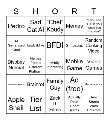 YT Shorts Bingo Card