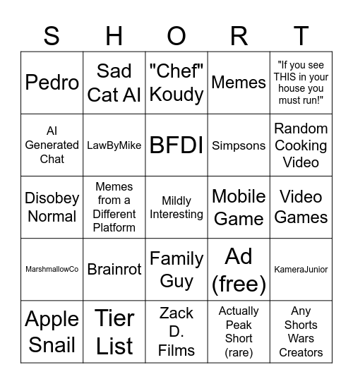 YT Shorts Bingo Card