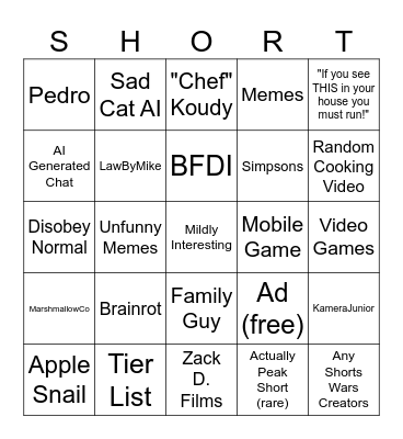YT Shorts Bingo Card