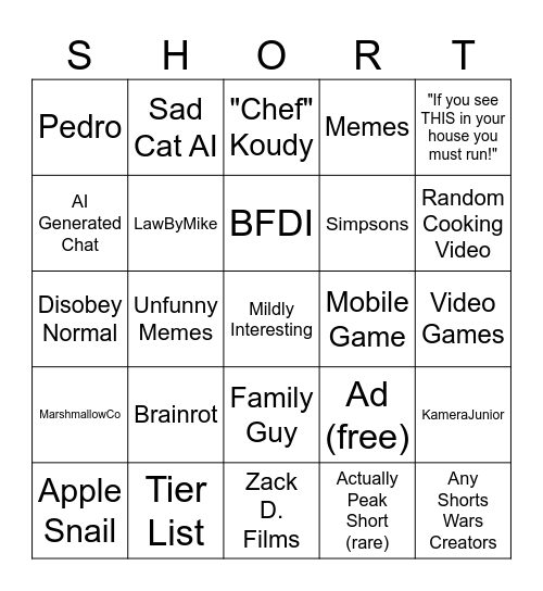 YT Shorts Bingo Card