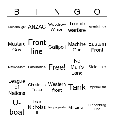 World War I Vocabulary Bingo Card