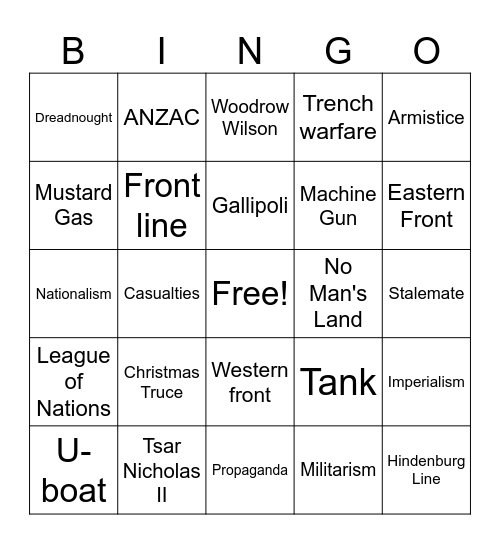 World War I Vocabulary Bingo Card