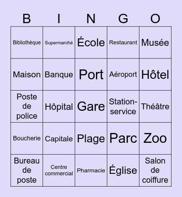 Places - Lieu Bingo Card