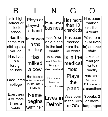 GRIGGS FAMILY  Bingo Card