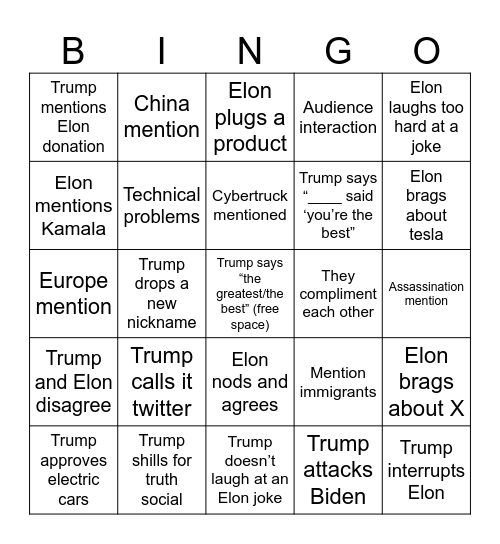 Elon Trump Interview Bingo Card