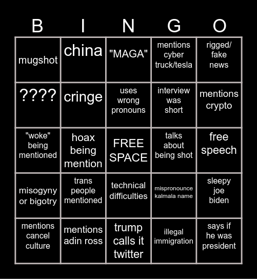 Trump x Elon Bingo Card