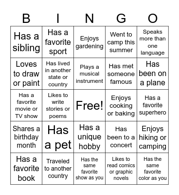 Classmate Bingo Card