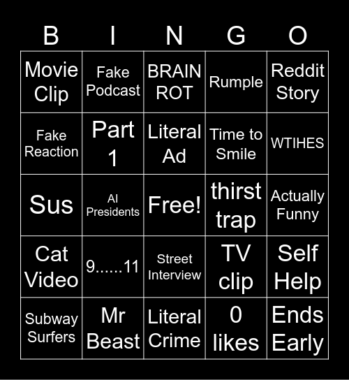 YT/TIK TOK Bingo Card