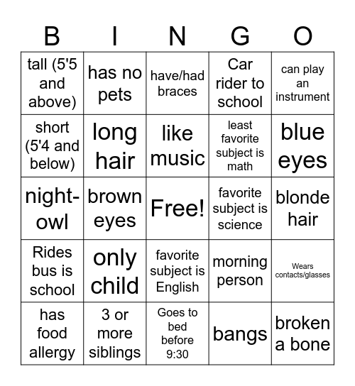 Get to know you bingo Card