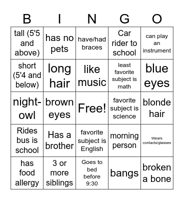 Get to know you bingo Card