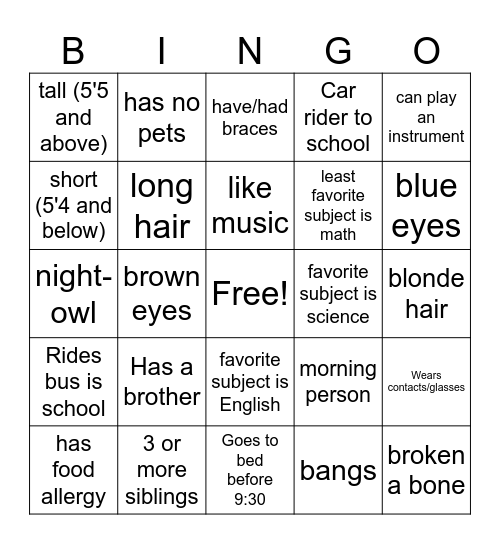 Get to know you bingo Card